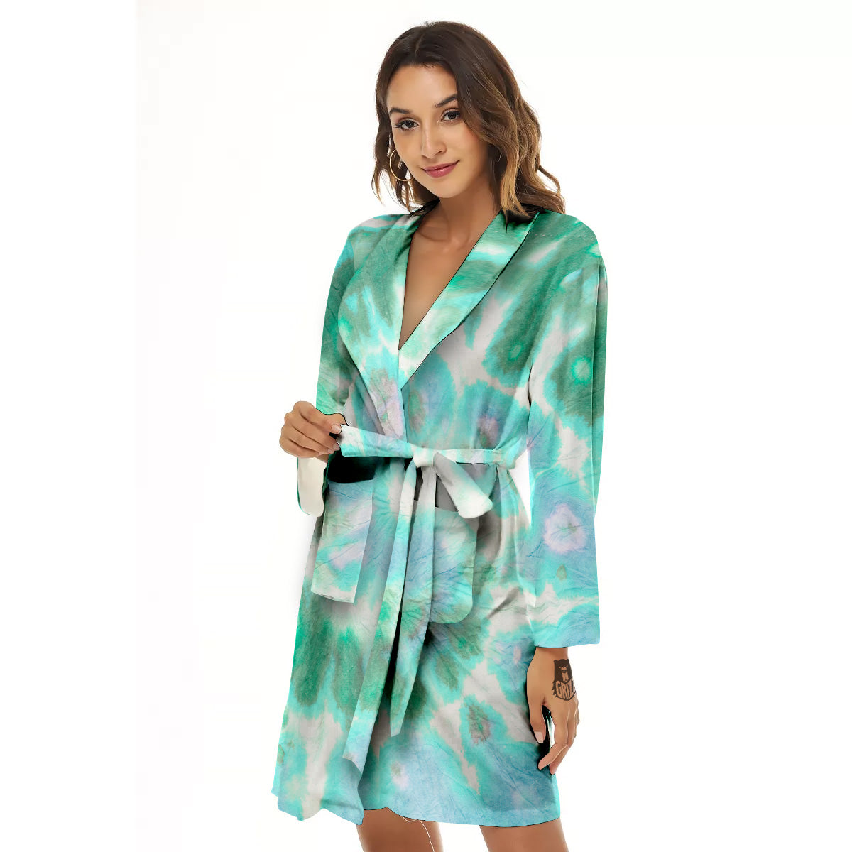 Tie Dye Blue Green And White Print Women's Robe-grizzshop
