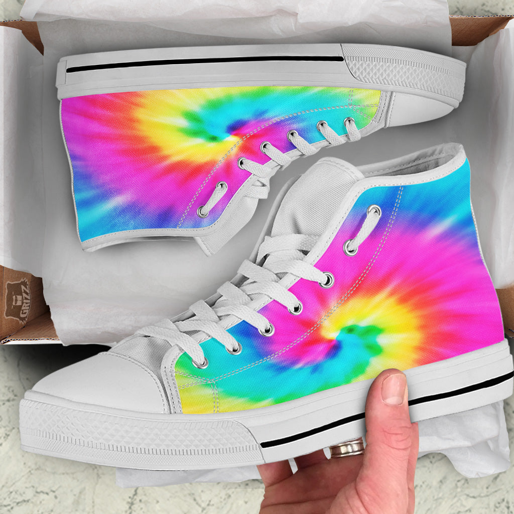 Tie Dye Blue Pink And Yellow Print White High Top Shoes-grizzshop