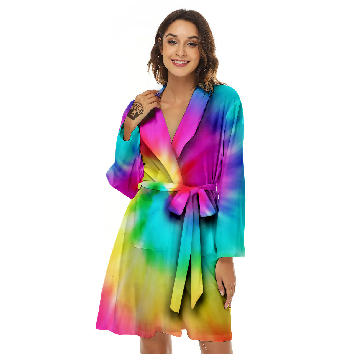 Tie Dye Blue Pink And Yellow Print Women's Robe-grizzshop