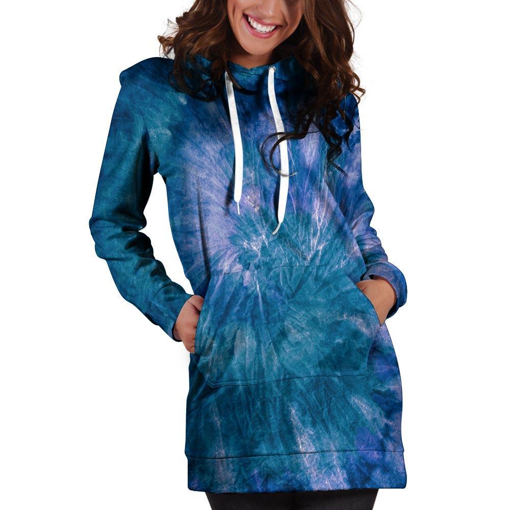 Tie Dye Blue Print Hoodie Dress-grizzshop