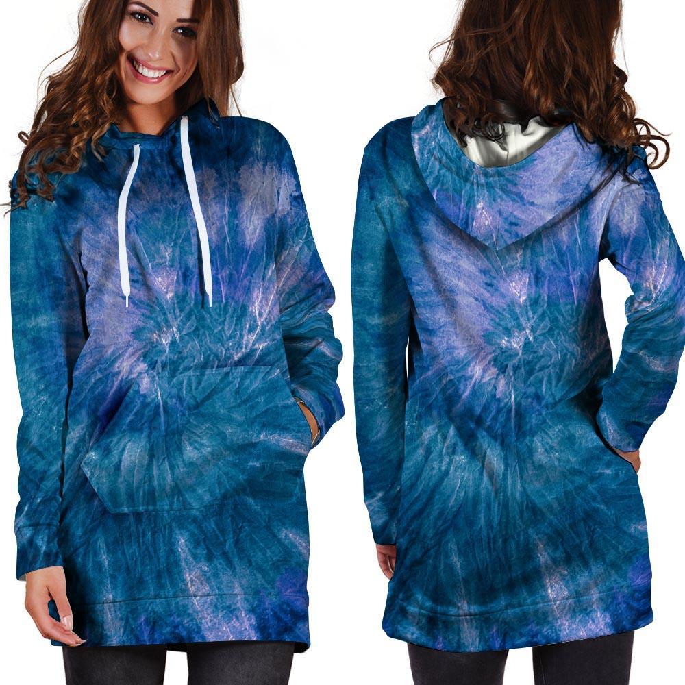 Tie Dye Blue Print Hoodie Dress-grizzshop
