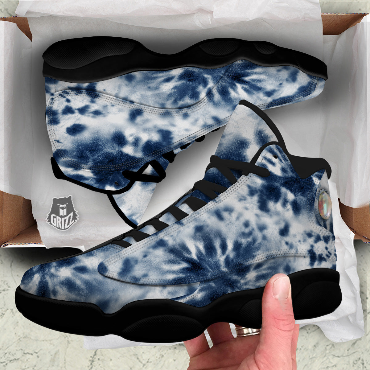 Tie Dye Blue Shibori Print Black Basketball Shoes-grizzshop