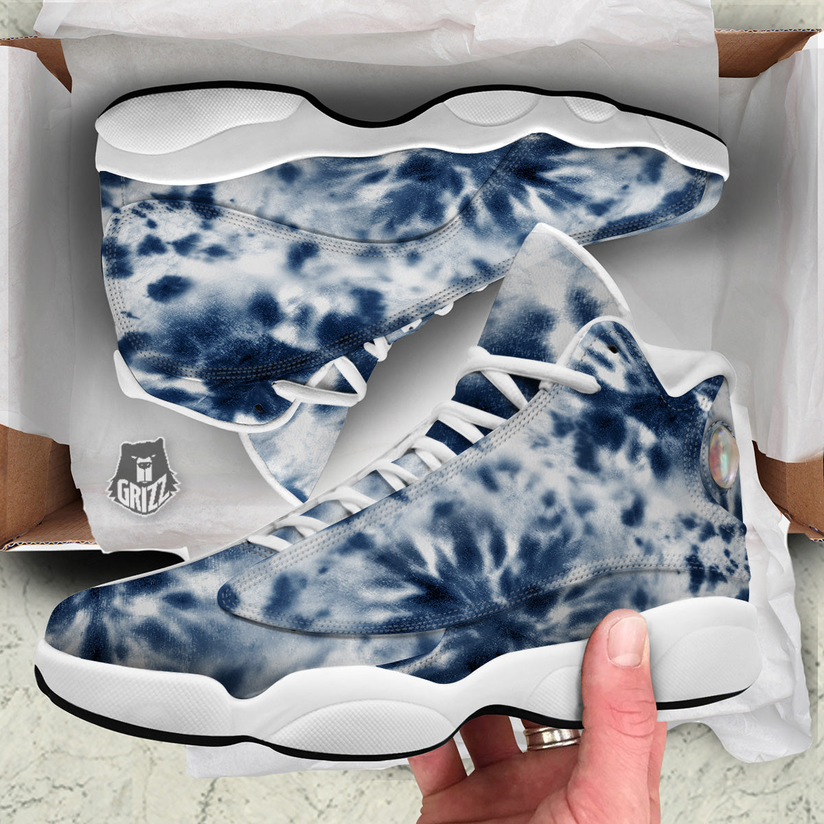 Tie Dye Blue Shibori Print White Basketball Shoes-grizzshop