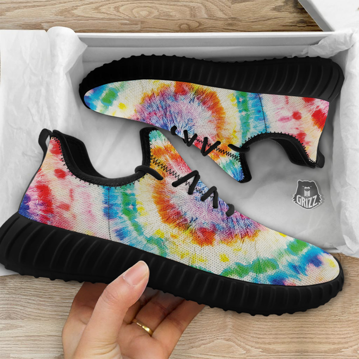 Tie Dye Bright Spiral Print Black Walking Shoes-grizzshop