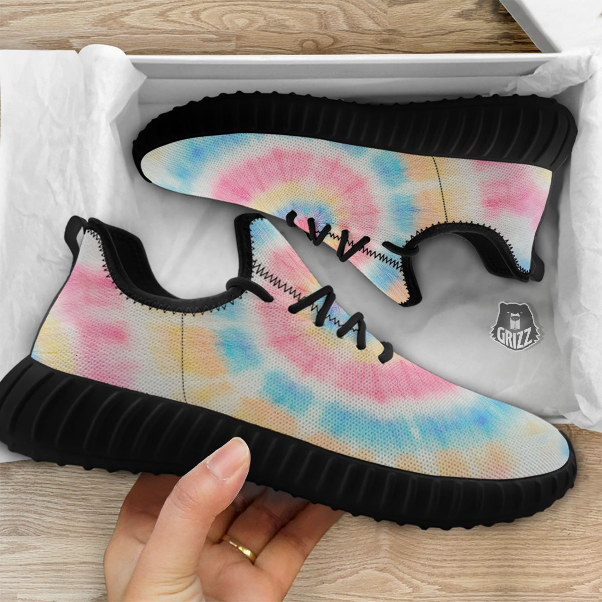Tie Dye Bright Swirl Print Black Walking Shoes-grizzshop
