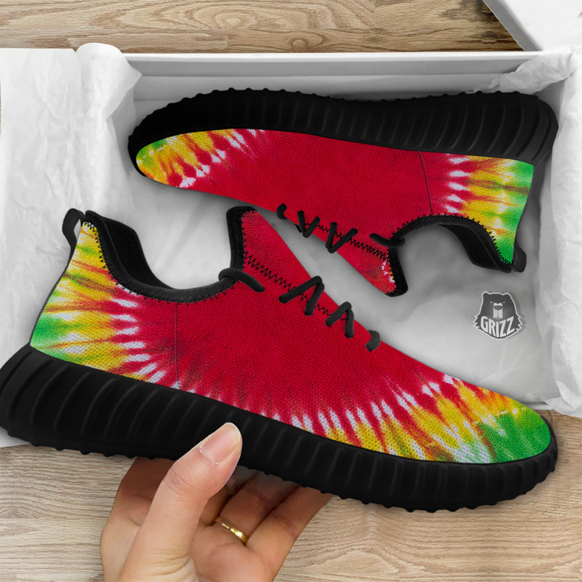 Tie Dye Colorful Heart Print Black Walking Shoes-grizzshop