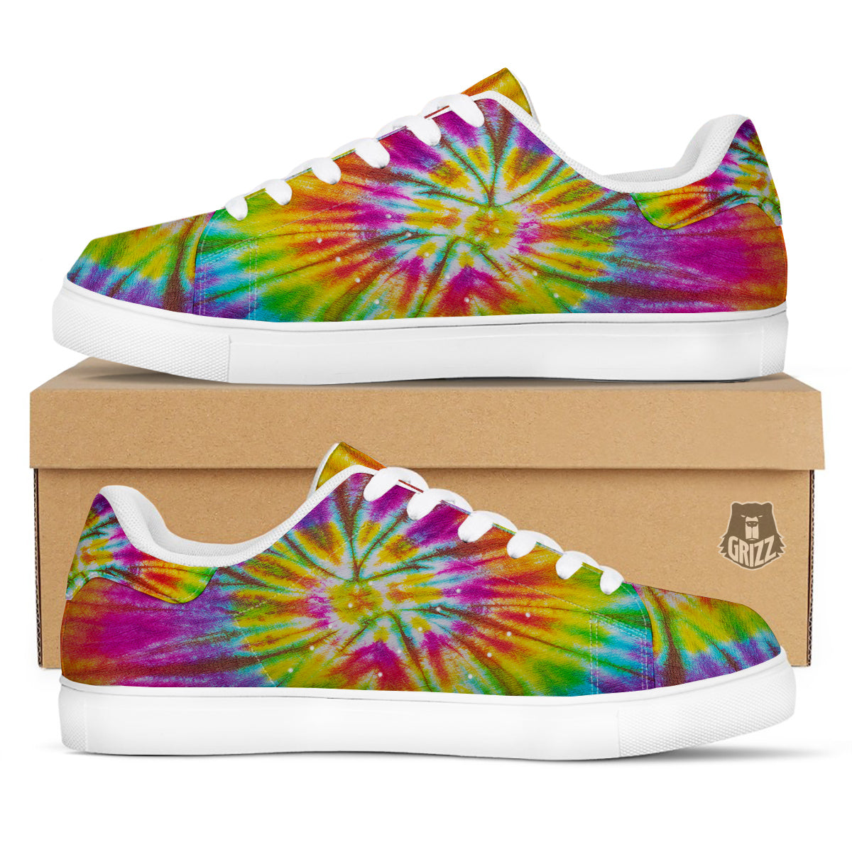 Tie Dye Colorful Hippie Print White Low Top Sneakers-grizzshop