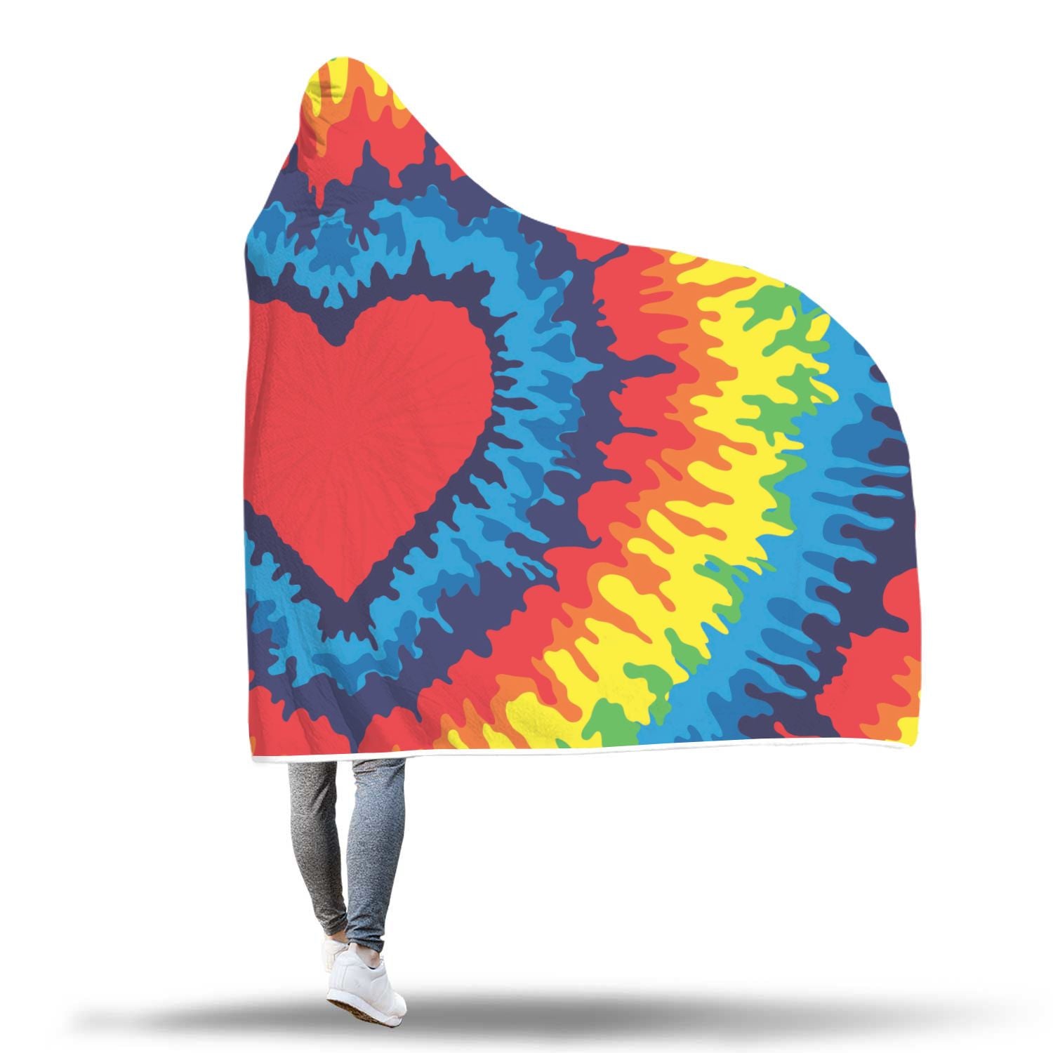 Tie Dye Heart Pattern Print Hooded Blanket-grizzshop