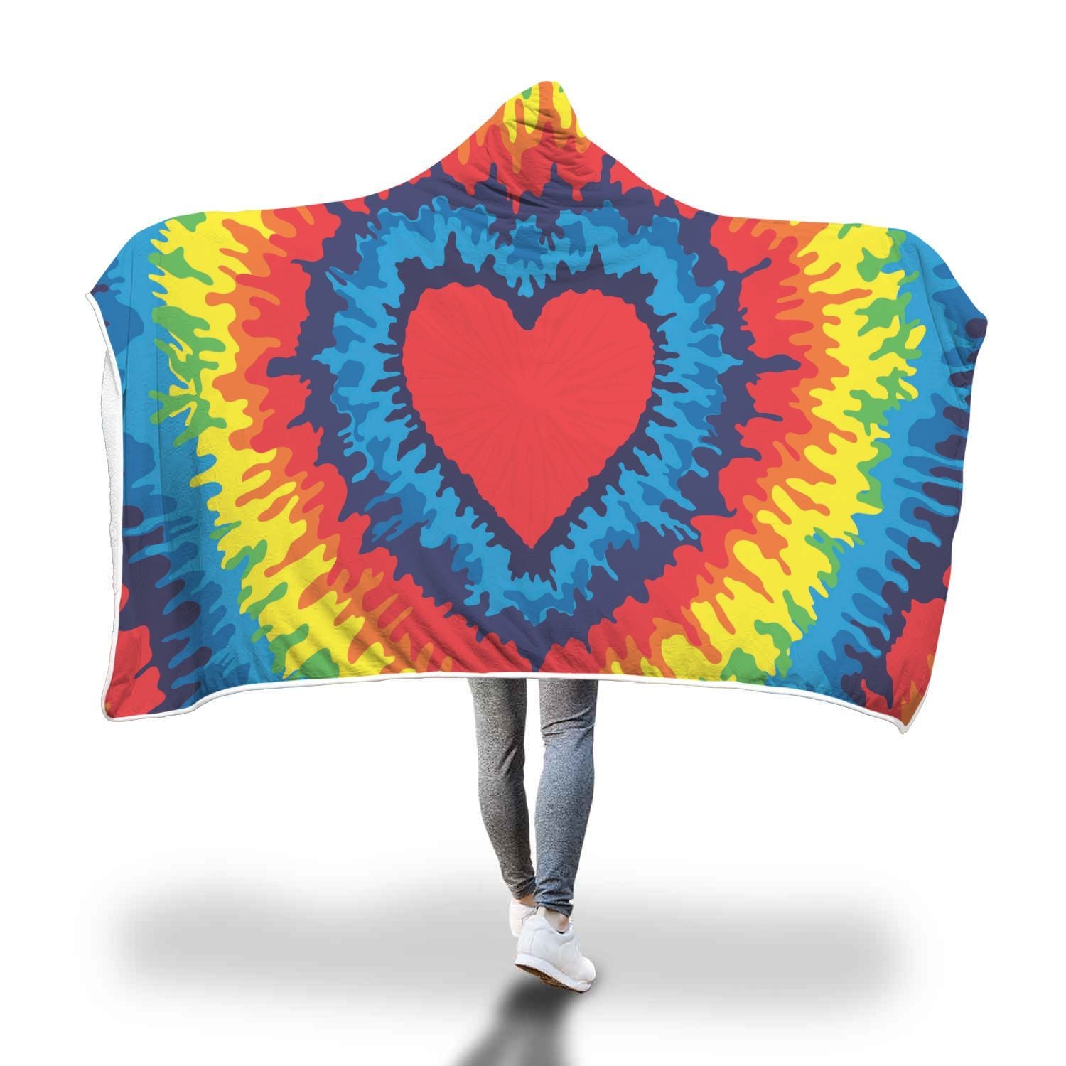 Tie Dye Heart Pattern Print Hooded Blanket-grizzshop