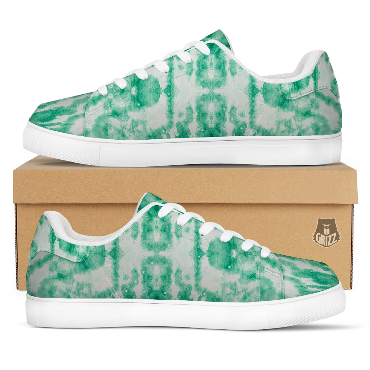Tie Dye Mint Green Watercolor Print White Low Top Sneakers-grizzshop