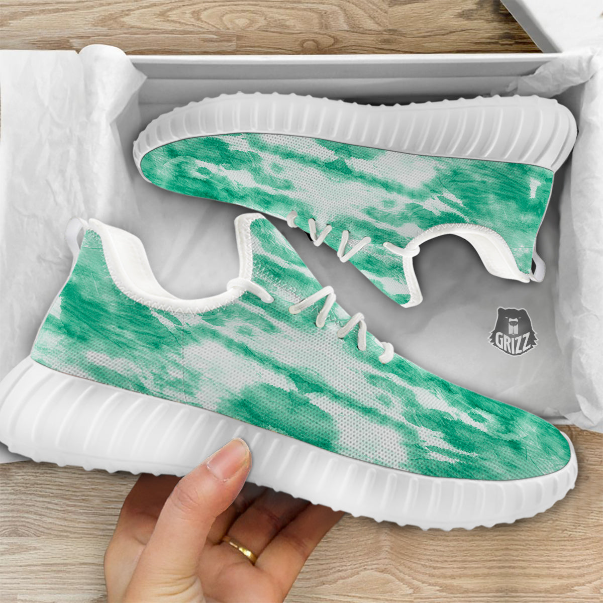 Tie Dye Mint Green Watercolor Print White Walking Shoes-grizzshop