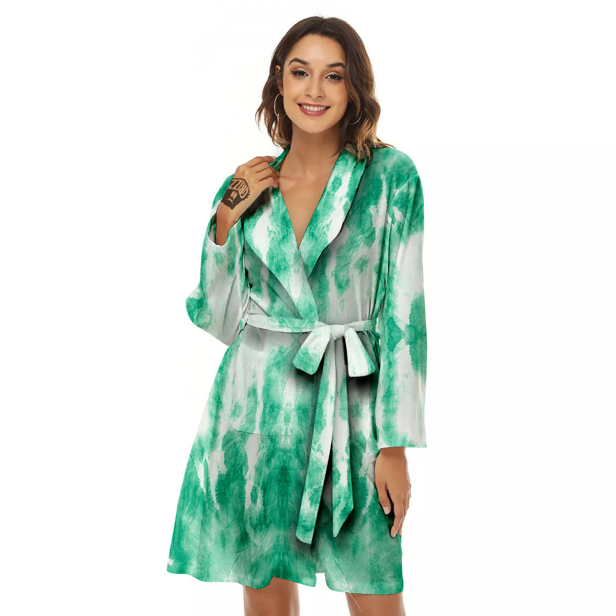 Tie Dye Mint Green Watercolor Print Women's Robe-grizzshop