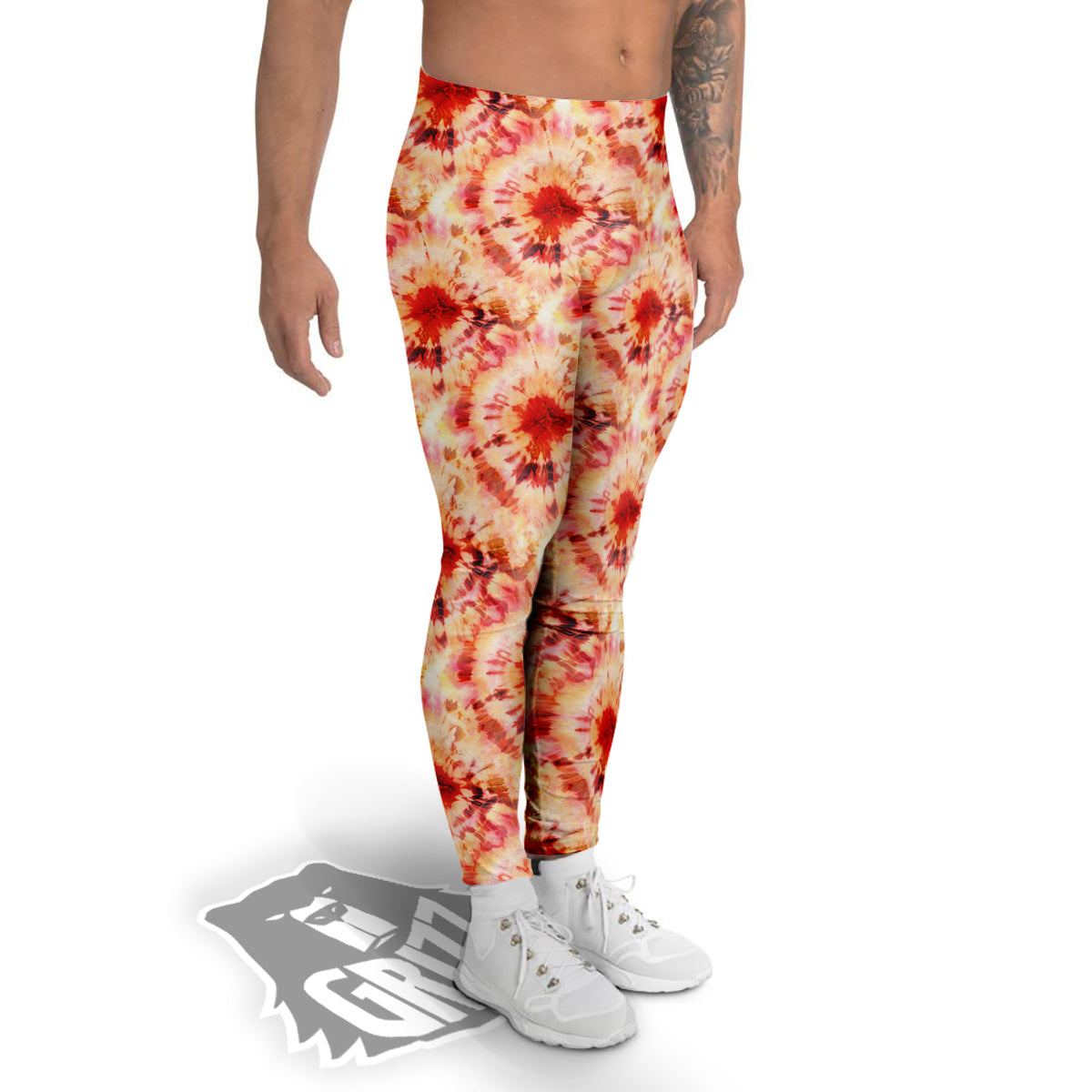 Tie Dye Orange And Red Color Print Men's Leggings-grizzshop