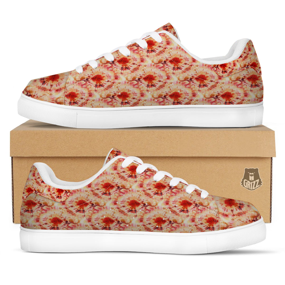Tie Dye Orange And Red Color Print White Low Top Sneakers-grizzshop