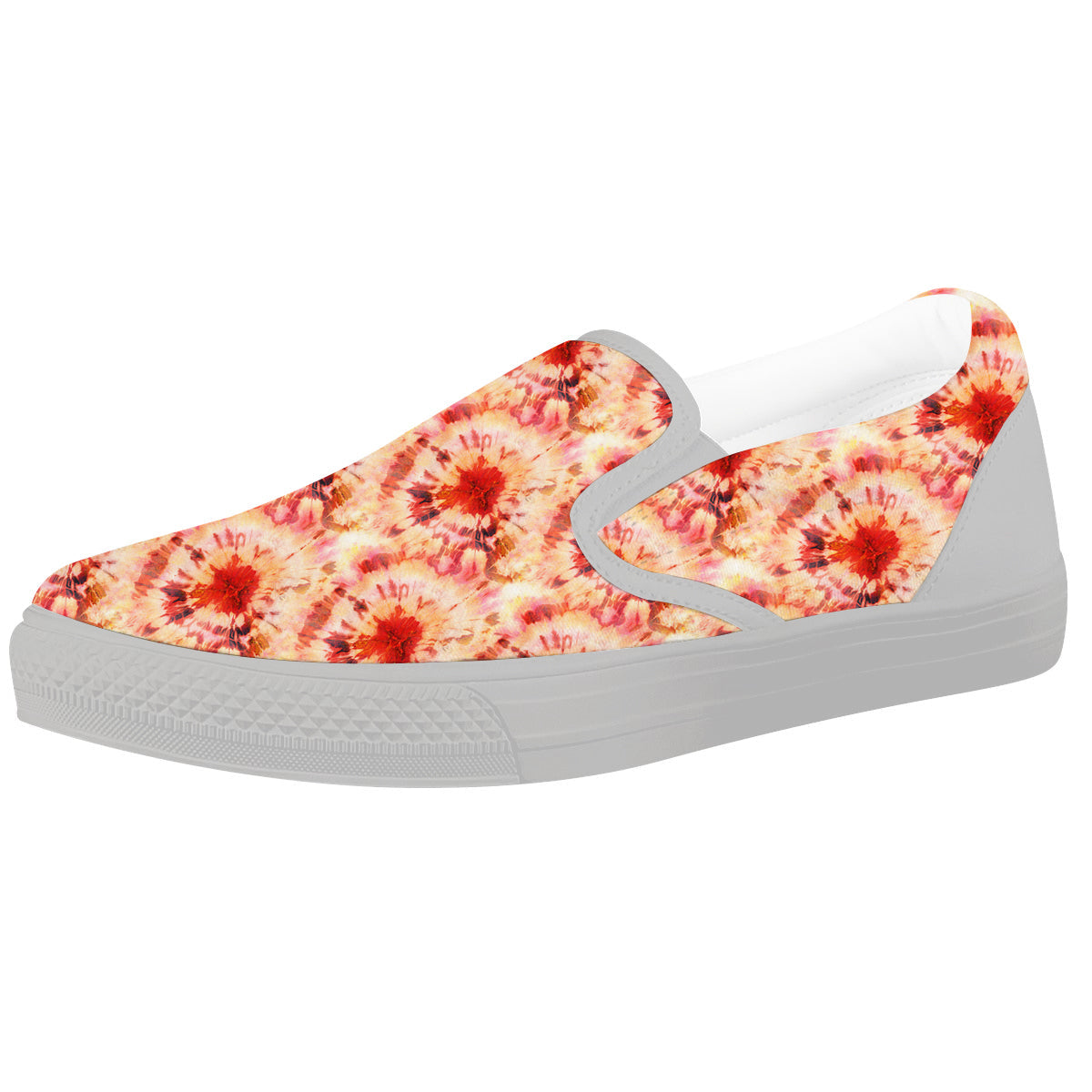Tie Dye Orange And Red Color Print White Slip On Shoes-grizzshop