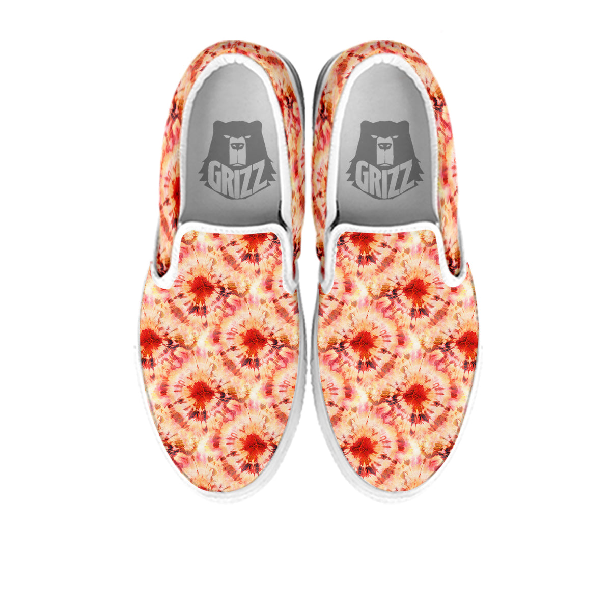 Tie Dye Orange And Red Color Print White Slip On Shoes-grizzshop
