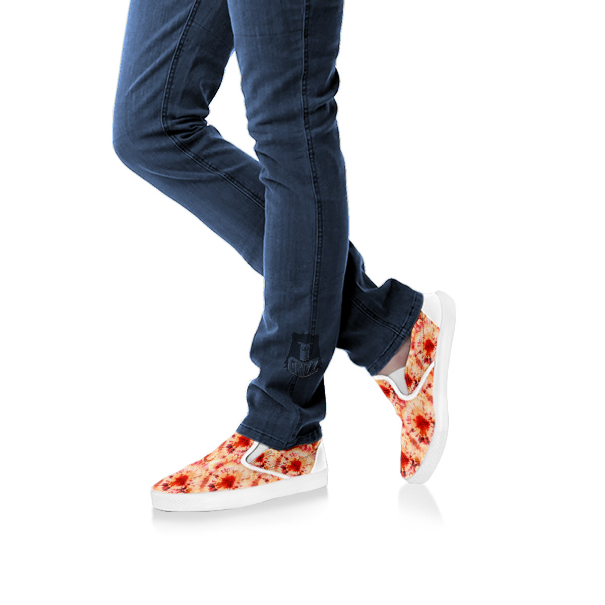Tie Dye Orange And Red Color Print White Slip On Shoes-grizzshop