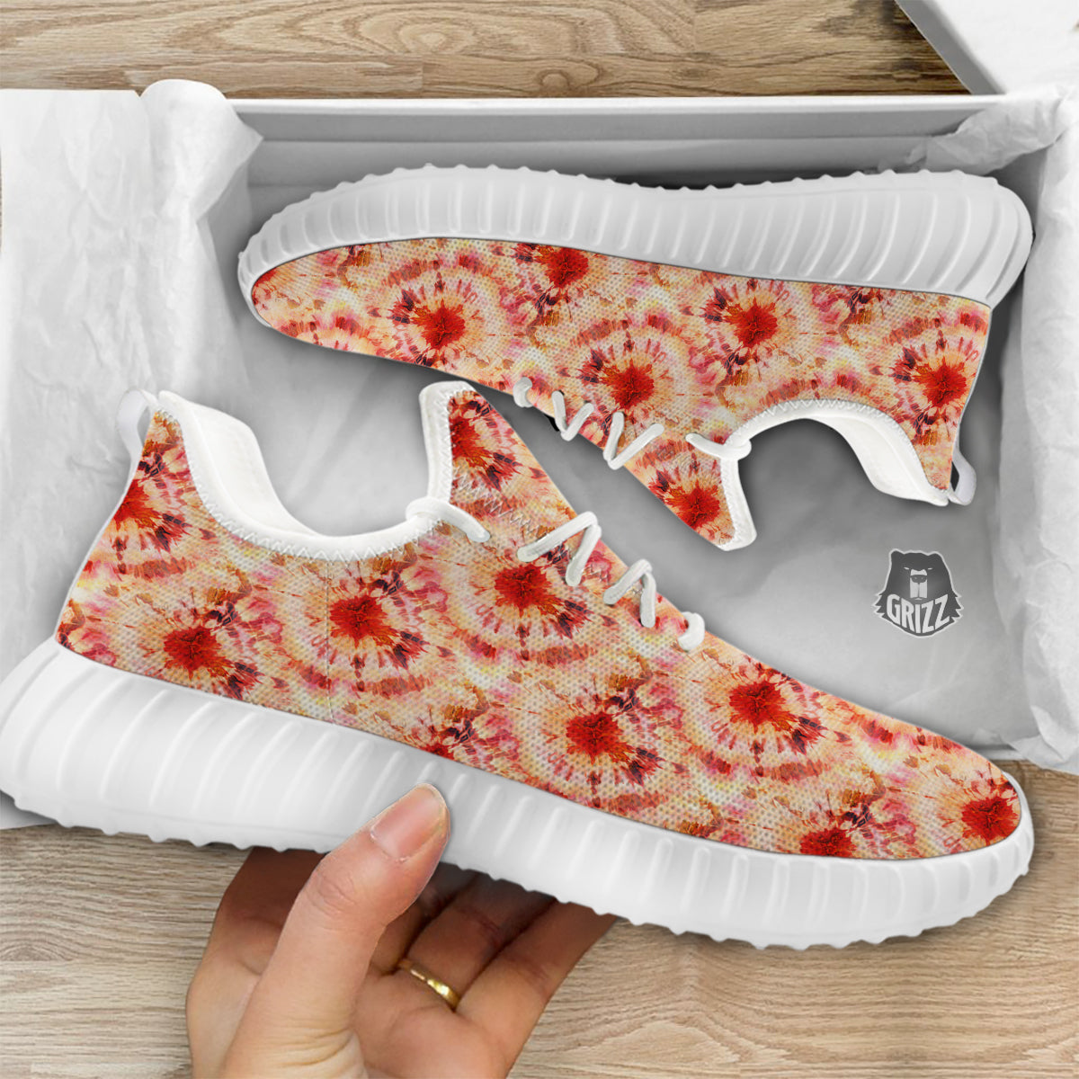 Tie Dye Orange And Red Color Print White Walking Shoes-grizzshop