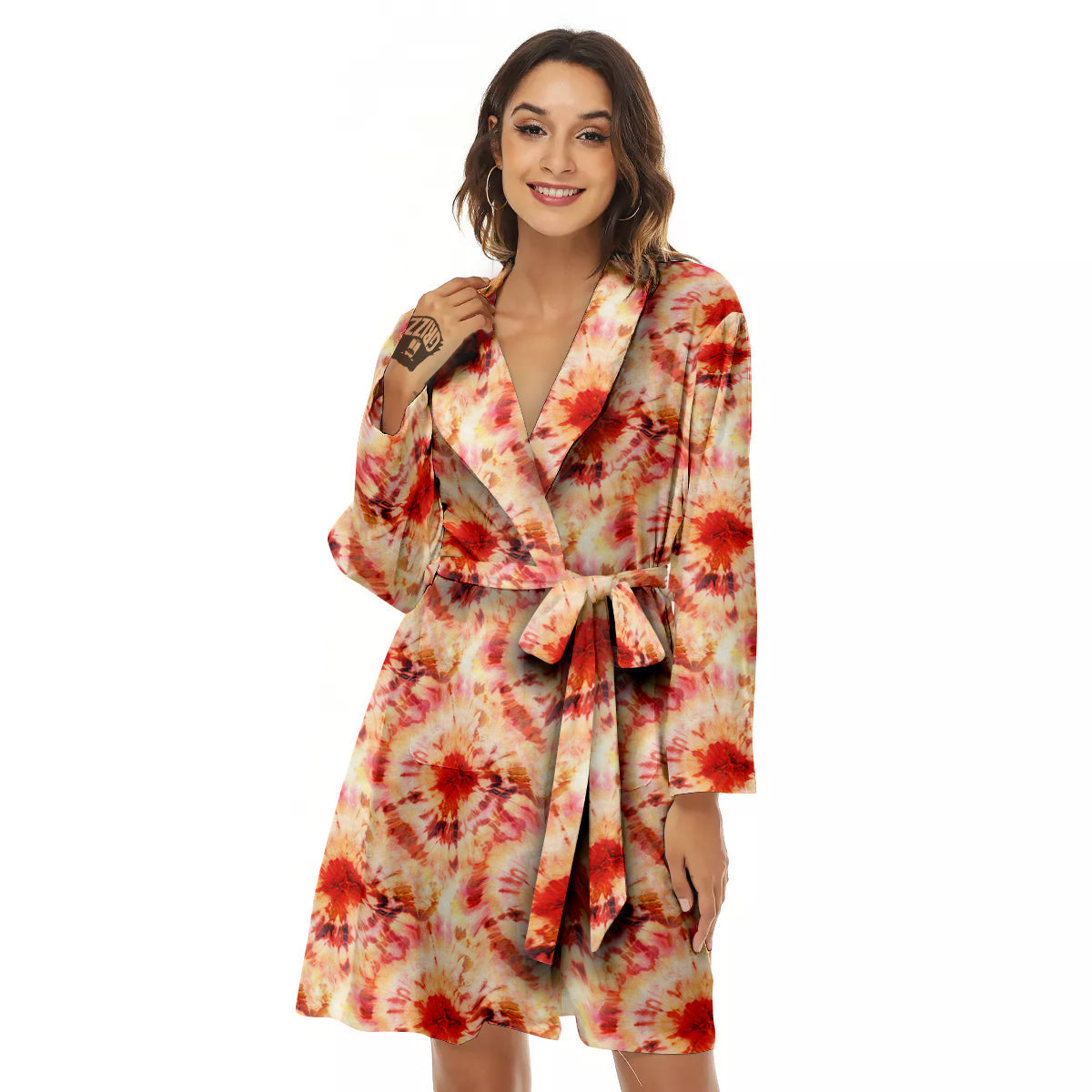 Tie Dye Orange And Red Color Print Women's Robe-grizzshop