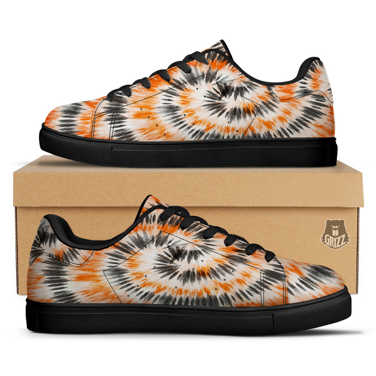 Tie Dye Orange Black Watercolor Print Black Low Top Sneakers-grizzshop