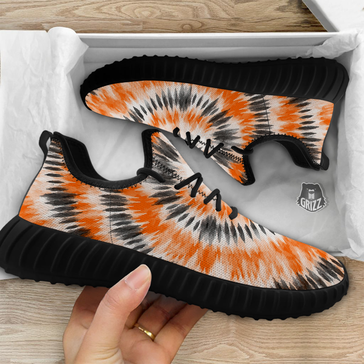 Tie Dye Orange Black Watercolor Print Black Walking Shoes-grizzshop