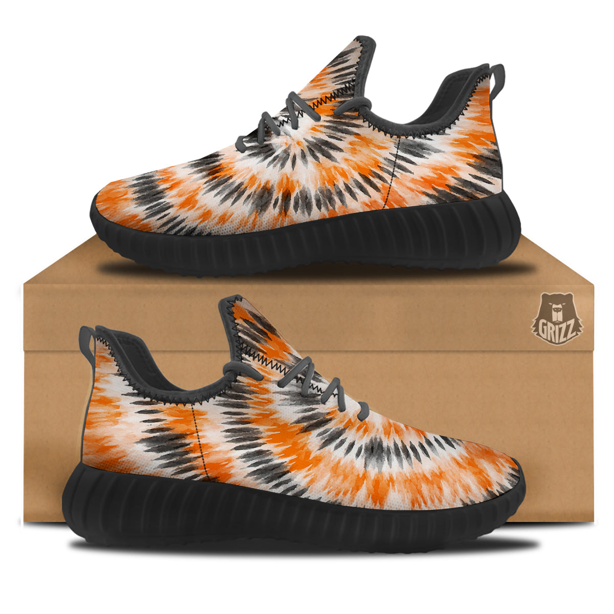 Tie Dye Orange Black Watercolor Print Black Walking Shoes-grizzshop