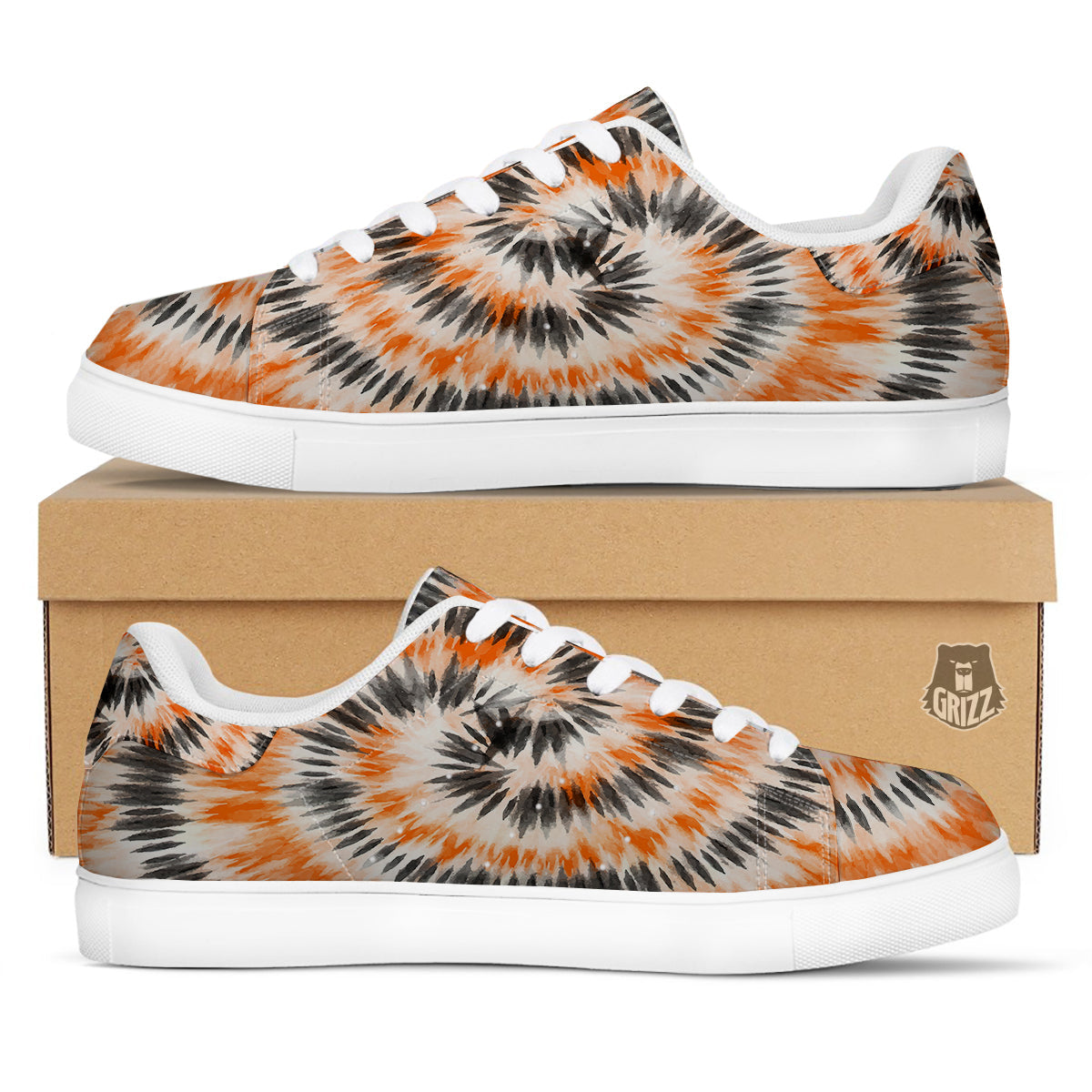 Tie Dye Orange Black Watercolor Print White Low Top Sneakers-grizzshop