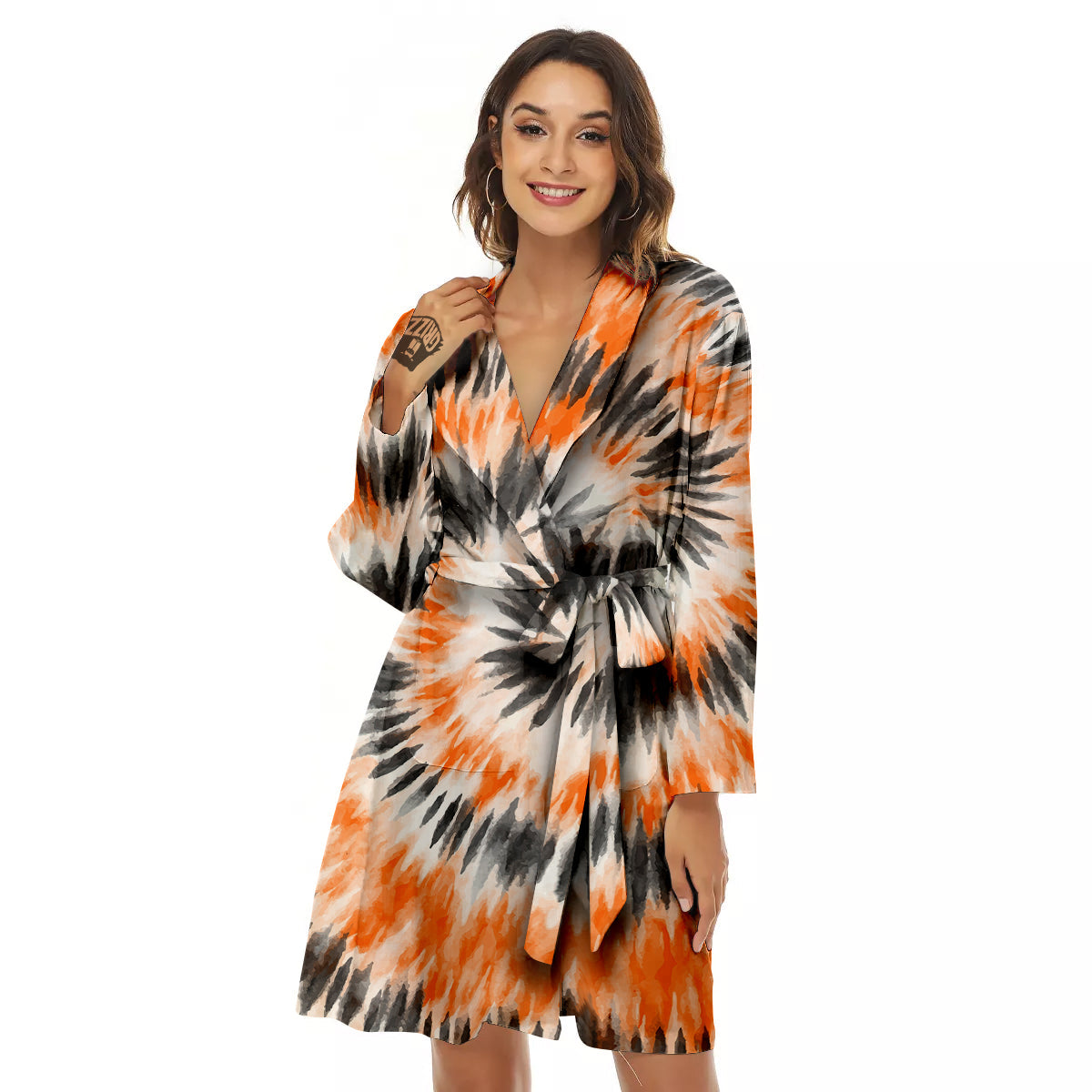 Tie Dye Orange Black Watercolor Print Women's Robe-grizzshop