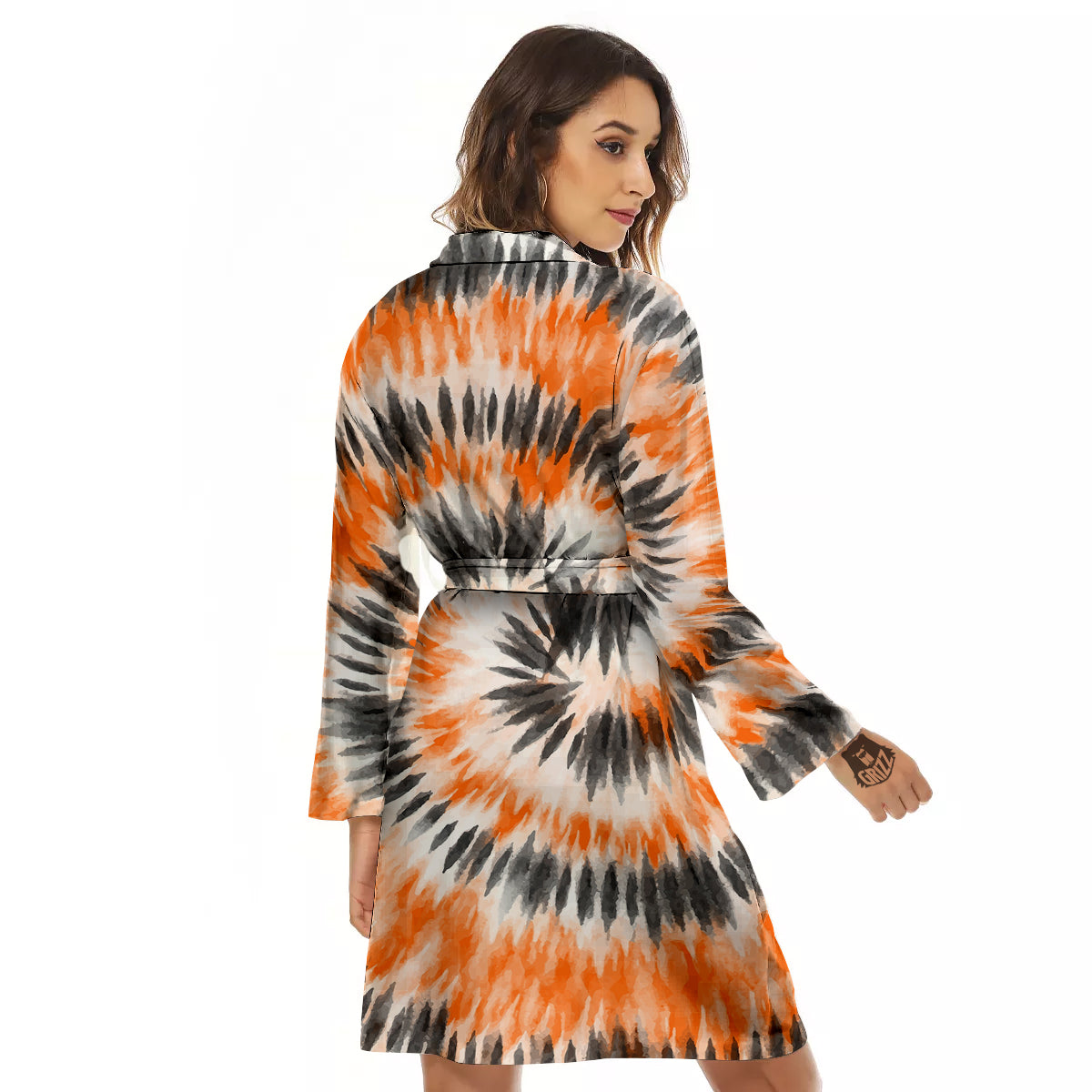 Tie Dye Orange Black Watercolor Print Women's Robe-grizzshop