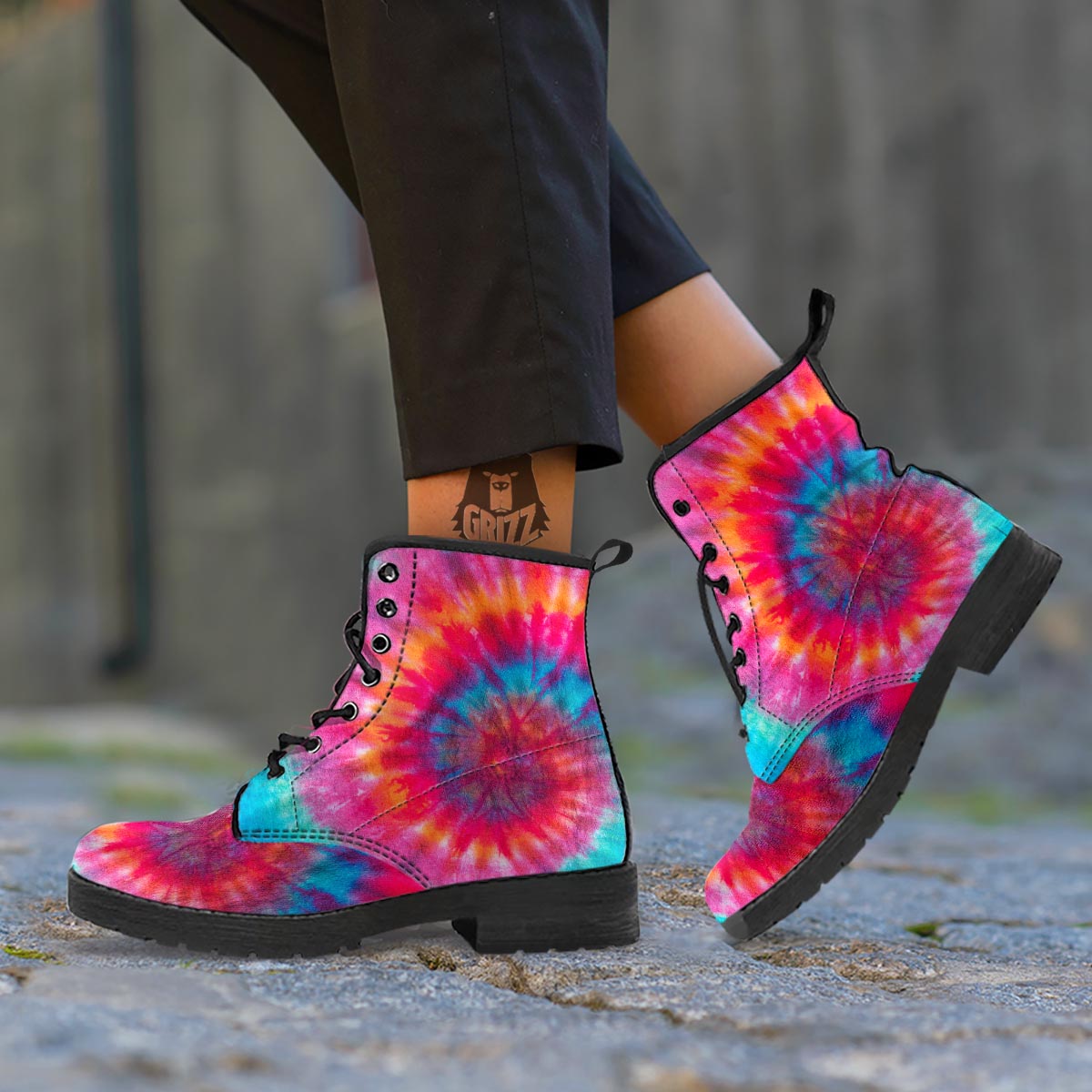 Tie Dye Pattern Print Leather Boots-grizzshop