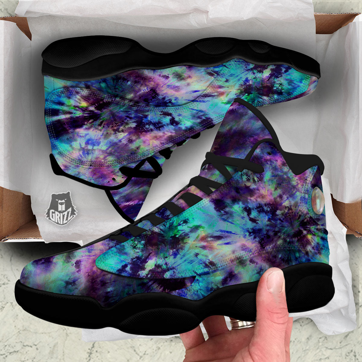 Tie Dye Rainbow And Black Print Black Basketball Shoes-grizzshop
