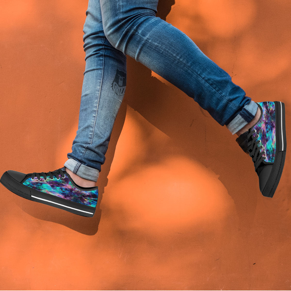 Tie Dye Rainbow And Black Print Black Low Top Shoes-grizzshop