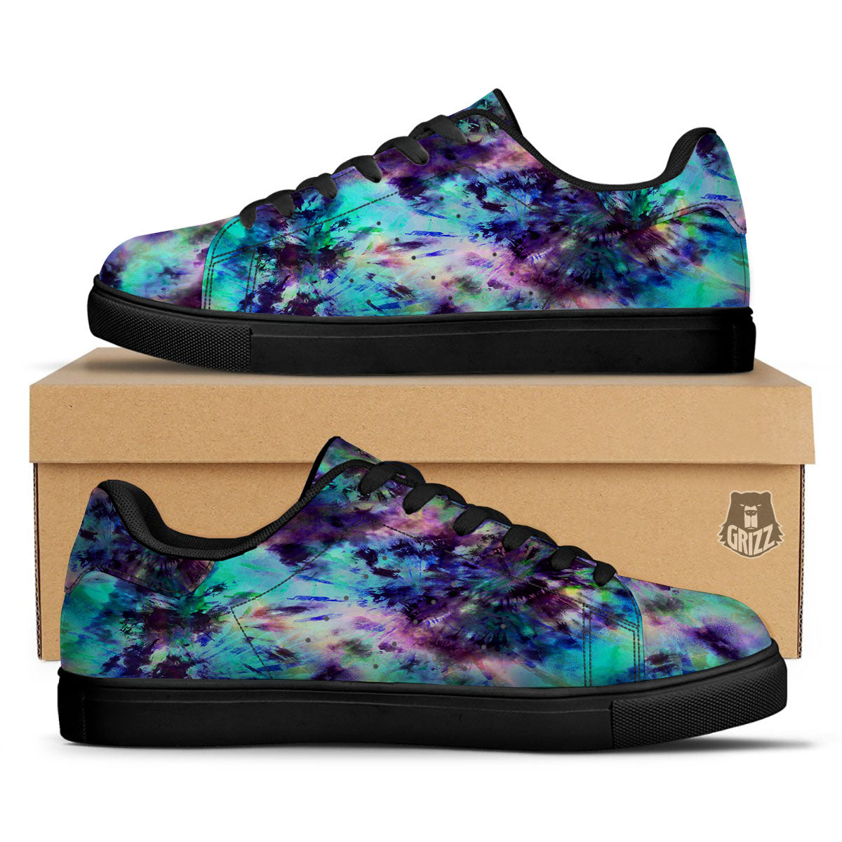 Tie Dye Rainbow And Black Print Black Low Top Sneakers-grizzshop