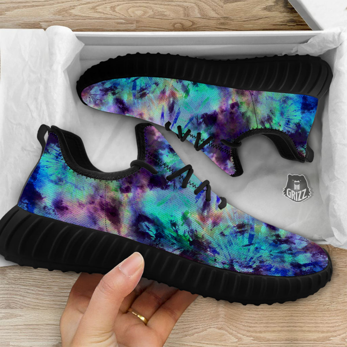 Tie Dye Rainbow And Black Print Black Walking Shoes-grizzshop