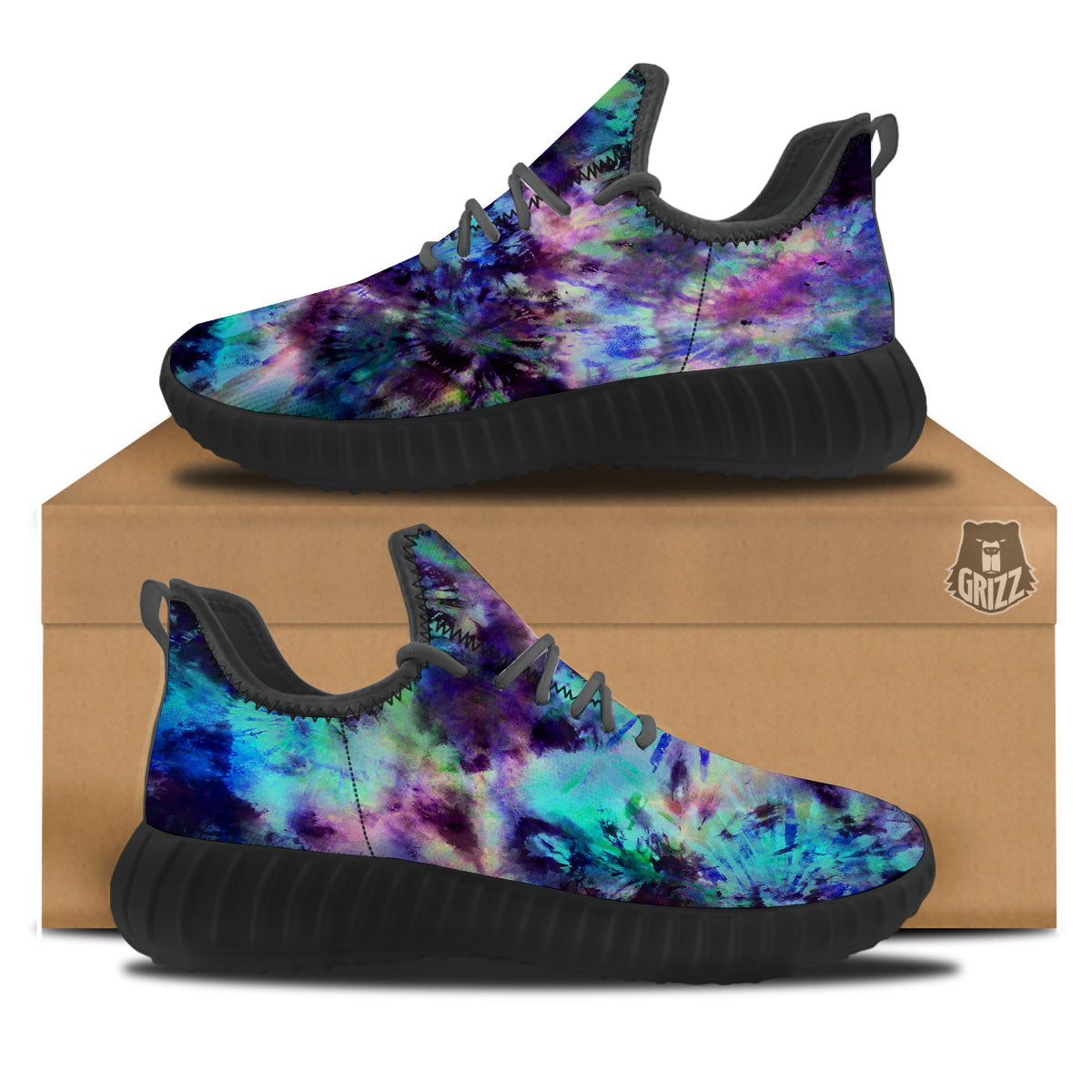 Tie Dye Rainbow And Black Print Black Walking Shoes-grizzshop