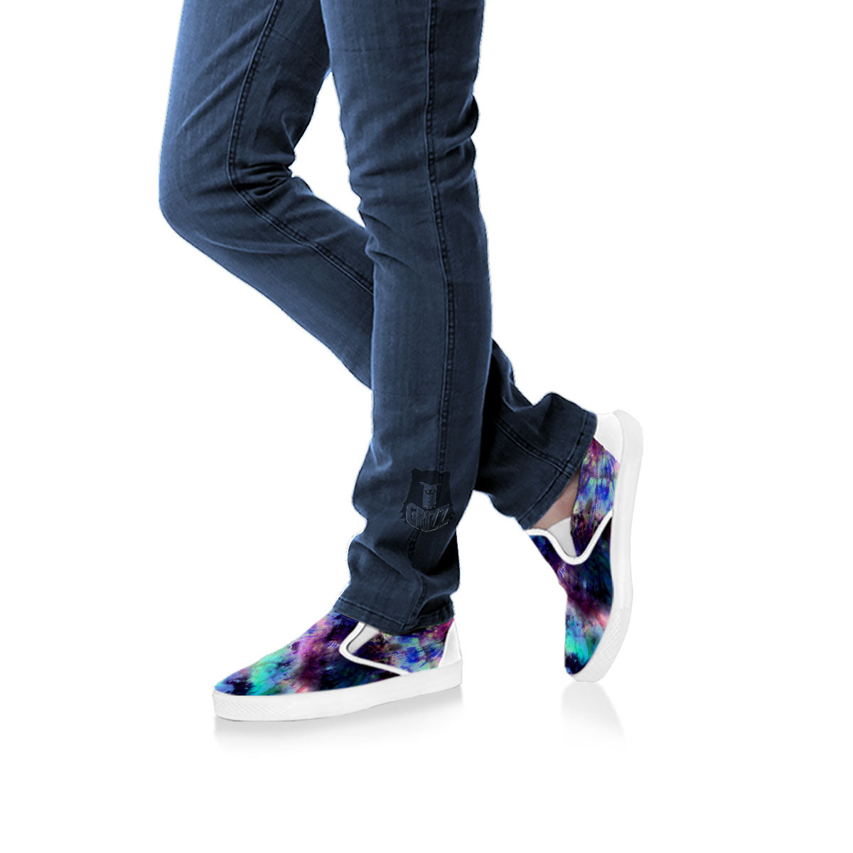 Tie Dye Rainbow And Black Print White Slip On Shoes-grizzshop