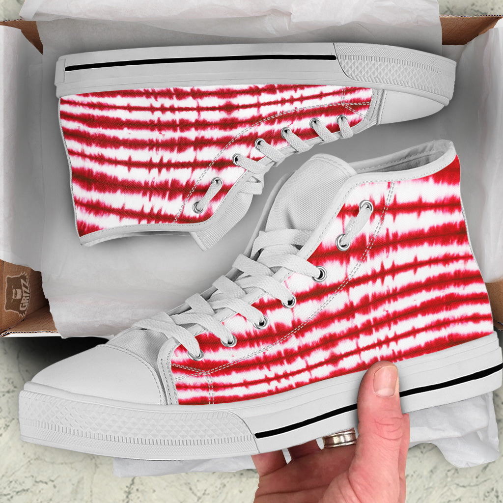 Tie Dye Red Stripe Print Pattern White High Top Shoes-grizzshop