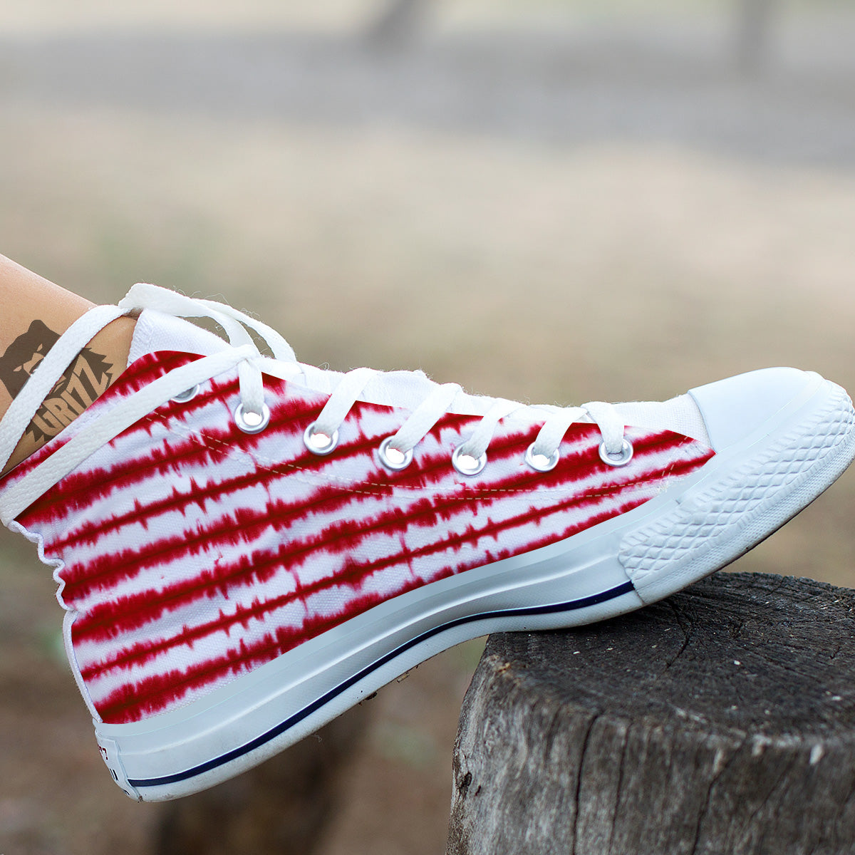 Tie Dye Red Stripe Print Pattern White High Top Shoes-grizzshop