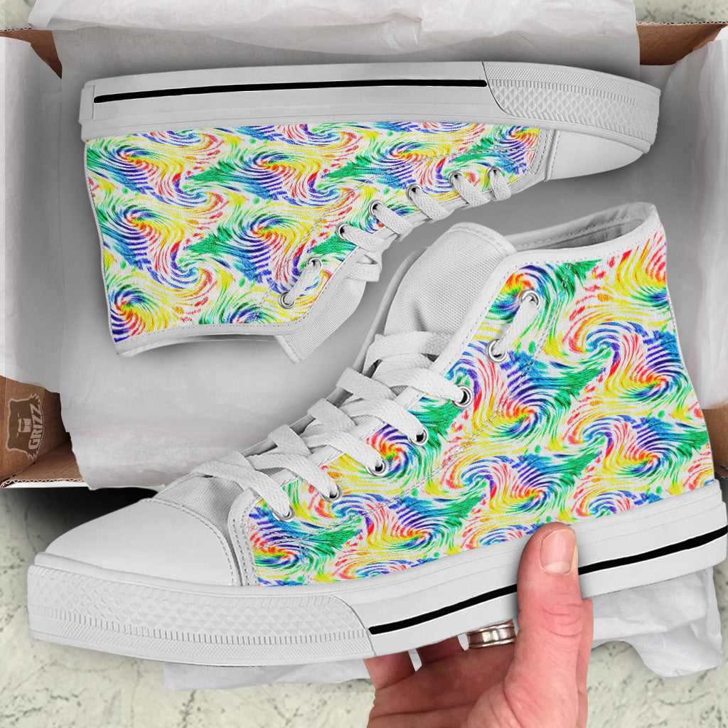 Tie Dye Swirl Colorful Print Pattern White High Top Shoes-grizzshop