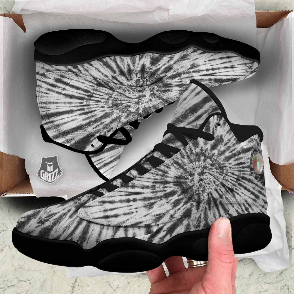 Tie Dye White And Black Print Black Basketball Shoes-grizzshop