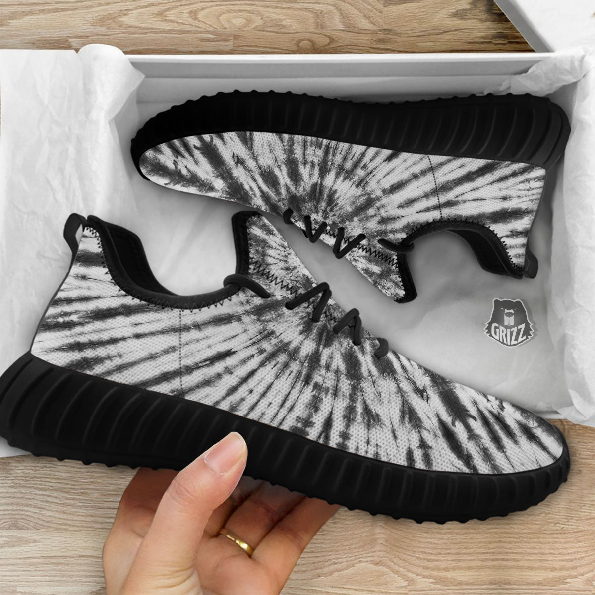 Tie Dye White And Black Print Black Walking Shoes-grizzshop