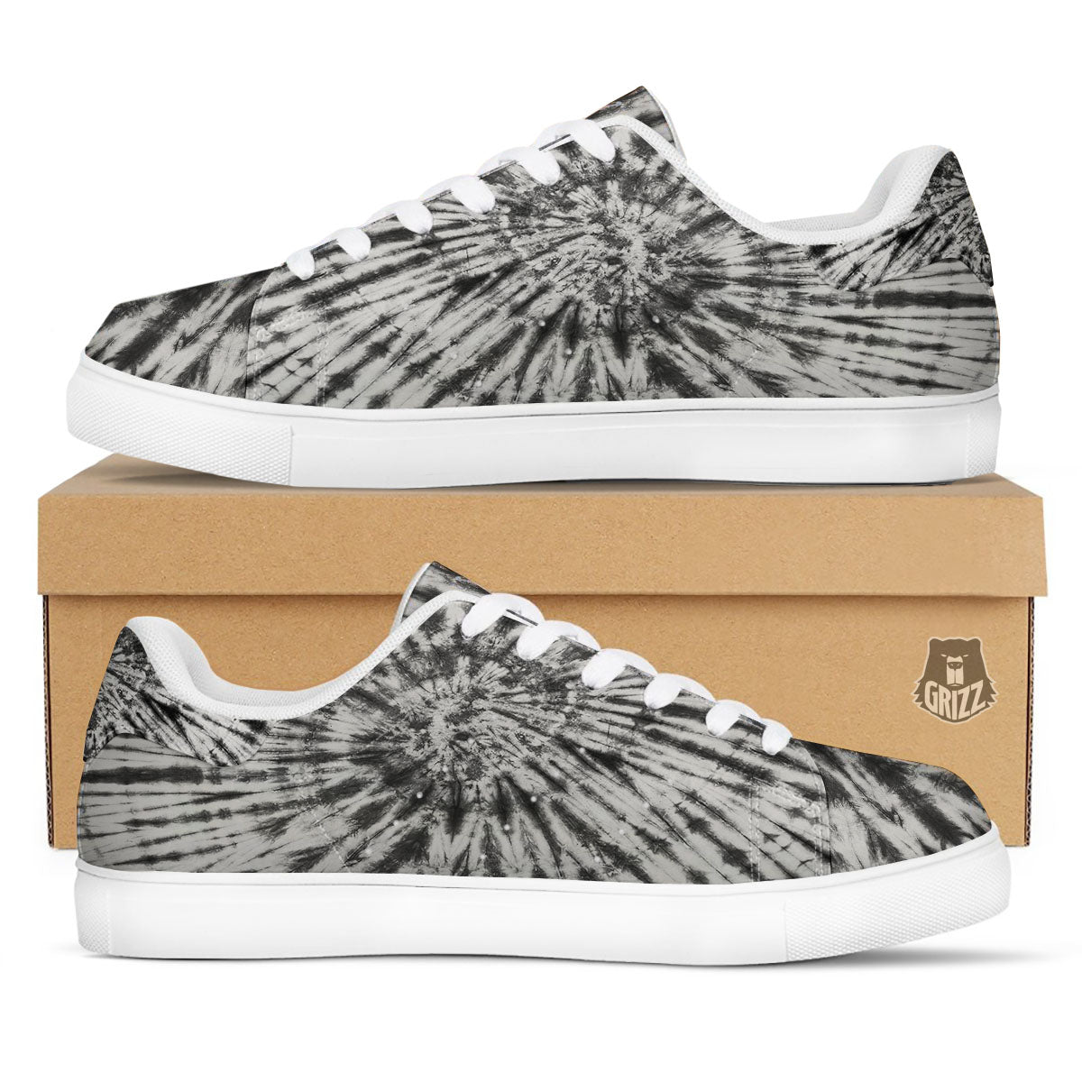 Tie Dye White And Black Print White Low Top Sneakers-grizzshop