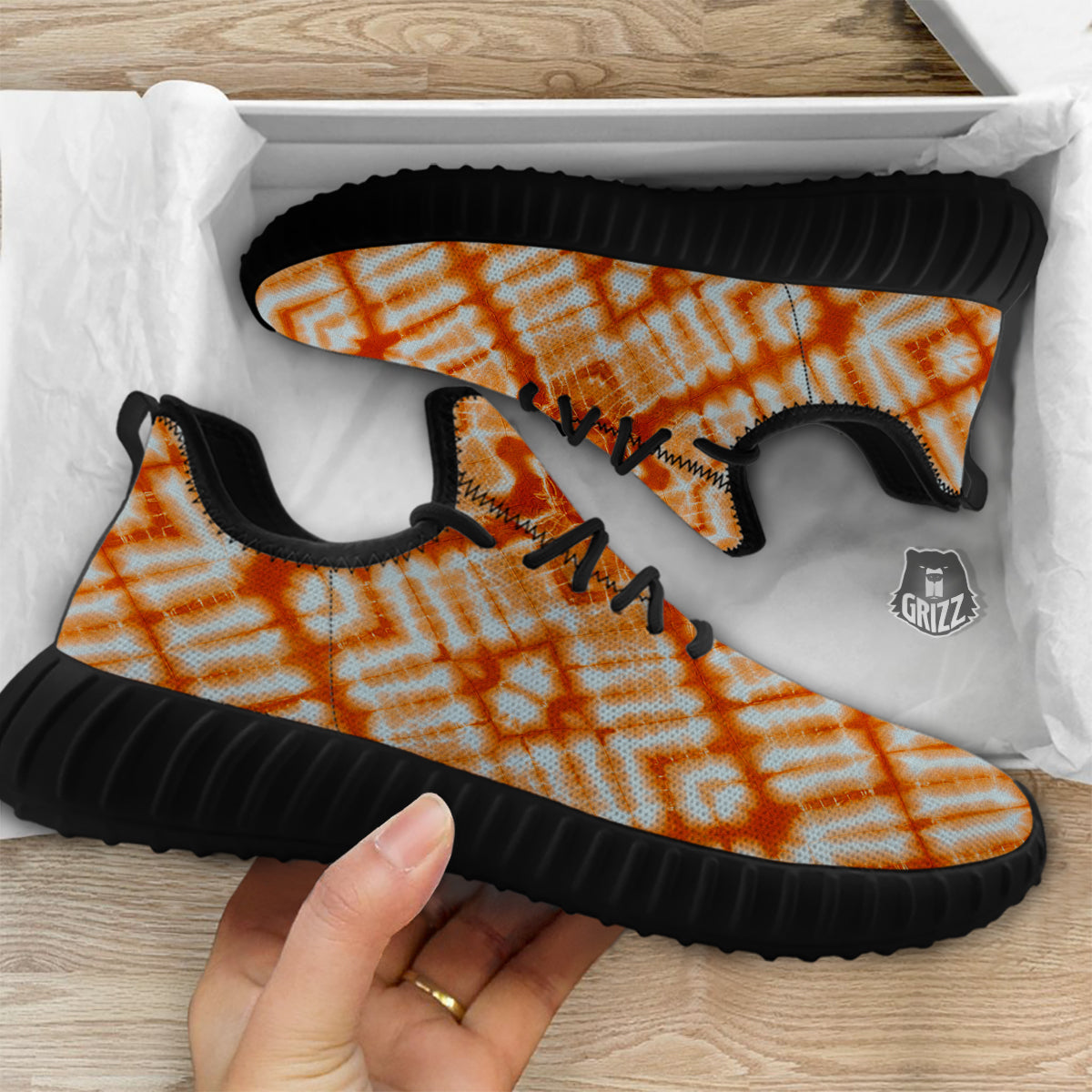 Tie Dye Zigzag Orange Watercolor Print Black Walking Shoes-grizzshop