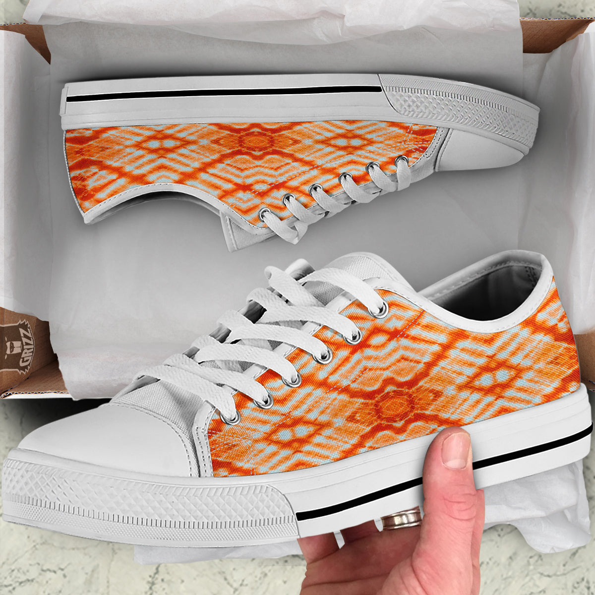 Tie Dye Zigzag Orange Watercolor Print White Low Top Shoes-grizzshop