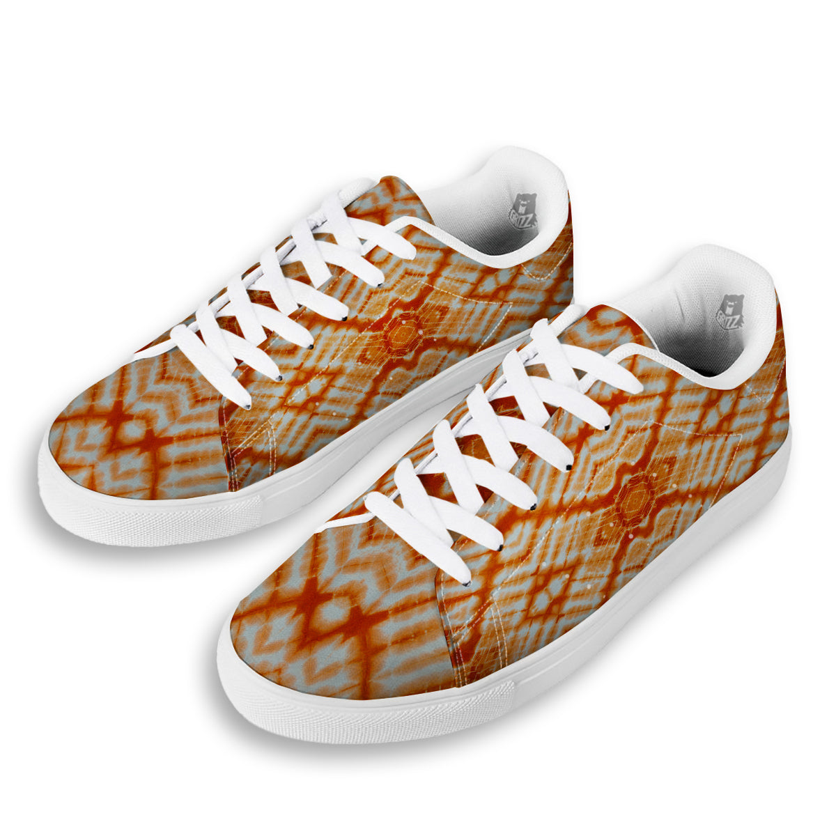 Tie Dye Zigzag Orange Watercolor Print White Low Top Sneakers-grizzshop