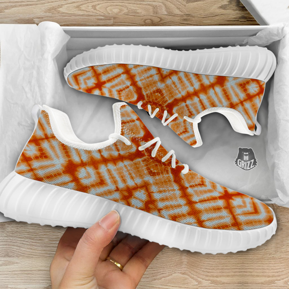 Tie Dye Zigzag Orange Watercolor Print White Walking Shoes-grizzshop