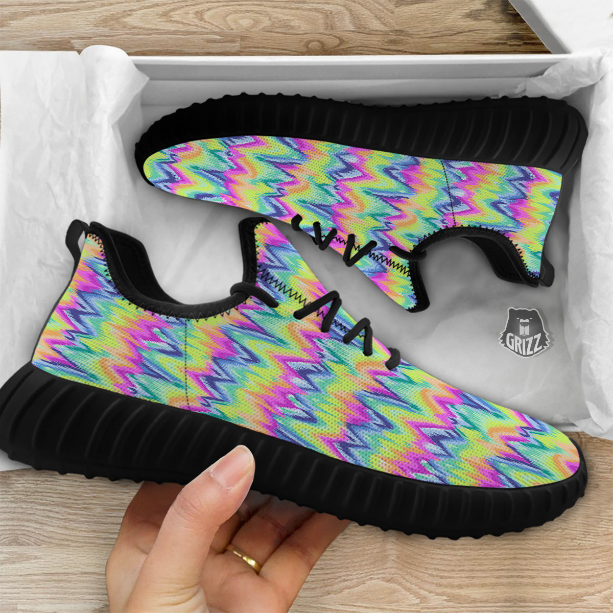 Tie Dye Zigzag Rainbow Print Pattern Black Walking Shoes-grizzshop