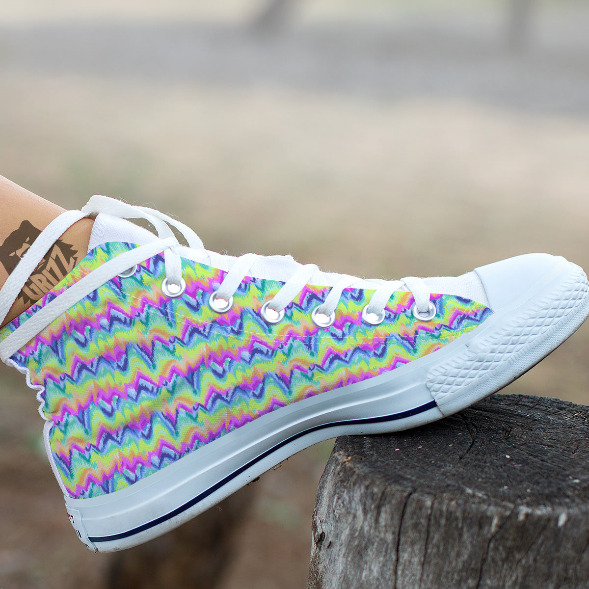 Tie Dye Zigzag Rainbow Print Pattern White High Top Shoes-grizzshop