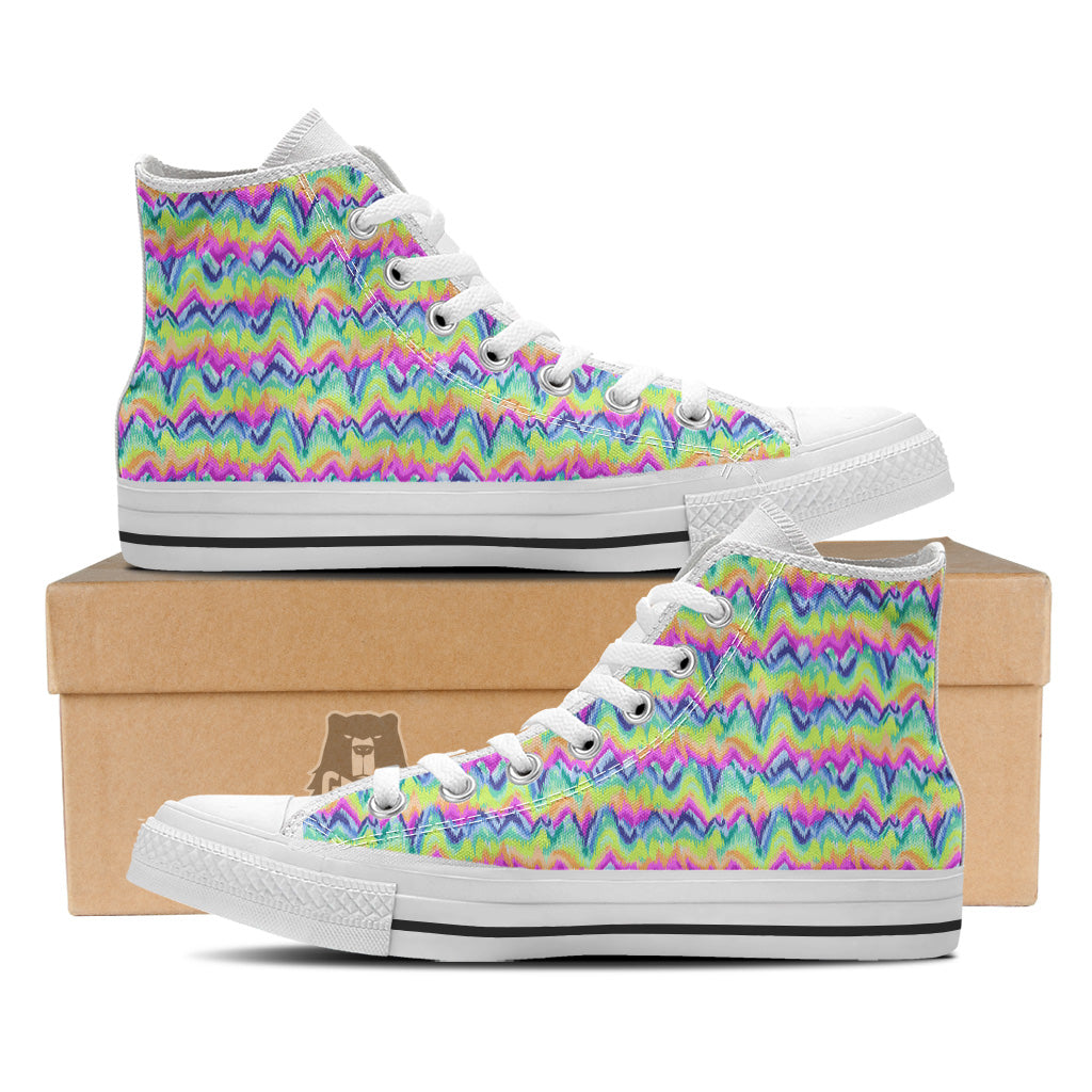 Tie Dye Zigzag Rainbow Print Pattern White High Top Shoes-grizzshop