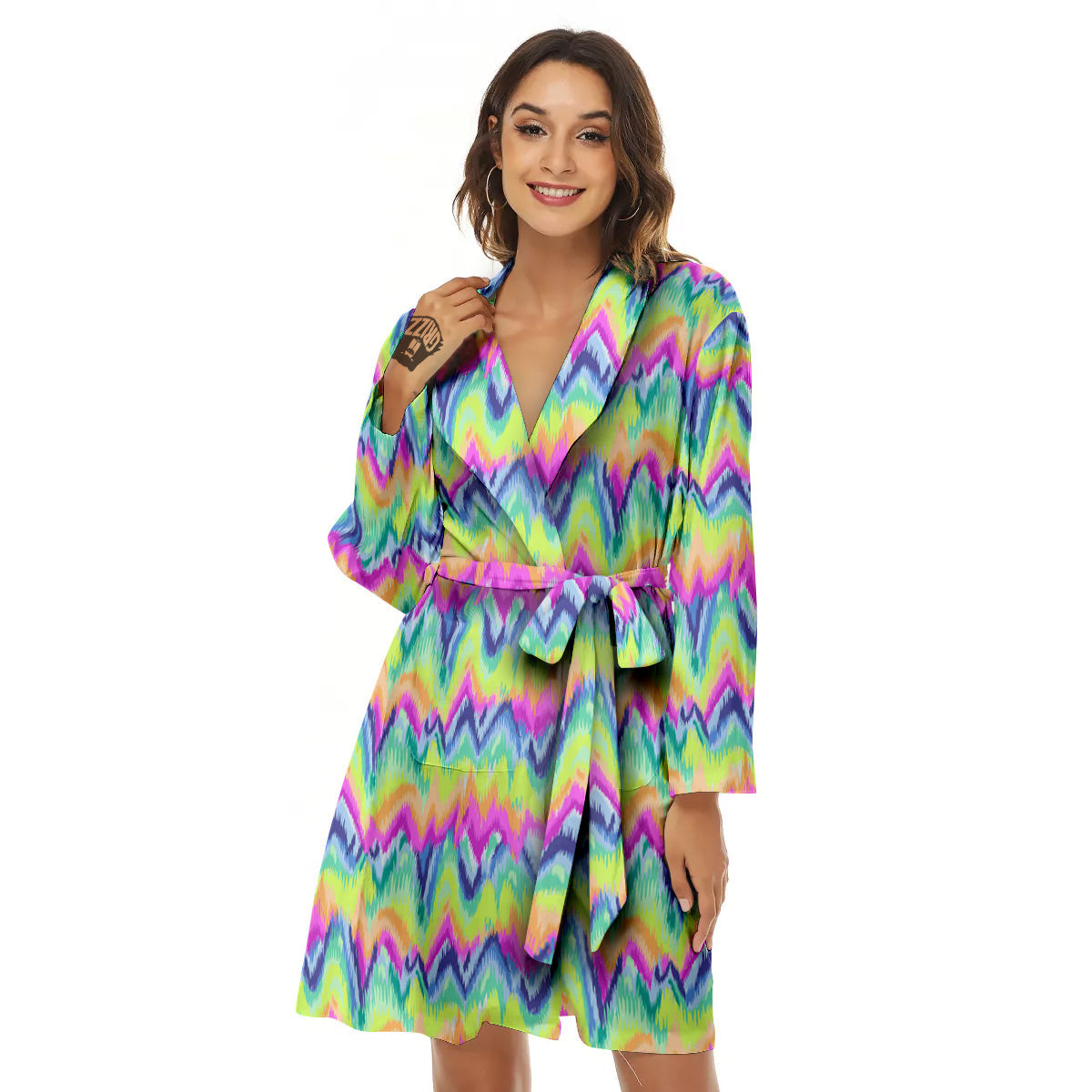 Tie Dye Zigzag Rainbow Print Pattern Women's Robe-grizzshop